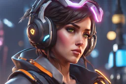 Repair in 8k realistic cgi drawing style, overwatch them, close picture, rain, neon, intricate details, highly detailed, high details, detailed portrait, masterpiece,ultra detailed, ultra quality
