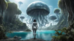 Detailed matte painting of a wide-angle shot of a woman, standing on the left side of the shot, with dark hair in a silver robotic catsuit, many large floating jellyfish with octopus tentacles, alien jungle trees in the distance, with an alien beach and lake