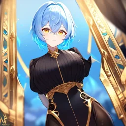 Clear focus, High resolution, short light blue fluffy hair, hair between eyes, yellow eyes, wearing black magma shorts, detailed outfit, blue and black outfit, gold accessory, female