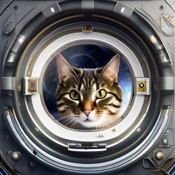 hyper-realistic spaceship interior with a cat looking through porthole at milkyway, suited astronaut float behind cat, 8k resolution, high-quality, fine-detail, detailed matte, intricate, 3D octane render, illustration, digital art, brian froud, howard lyon, anna dittman, greg rutowski,