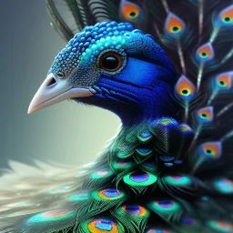 peacock face,surreal, Unreal Engine 5, lens macro,sharp focus, realistic, hyper detailed, studio lighting, neon light ambient