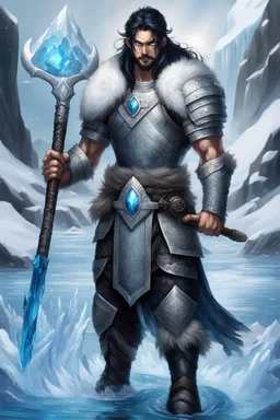 1 mana warrior, with blue eyes and black hair man in silver Viking armor with fur around the neck with blue crystal on his chest , standing in water in the artic, holding a ice axe, warrior in anime style,