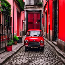 The Mini Cooper parked in an old alley, red, with a dog on it.