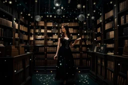 full-height shot of a woman in a tifull-height shot of a woman in a tight black dress, inside a large magic book shop, shelving, lights, books, bottles, windowsght black dress, holding up small glowing symbols, inside a magic book shop