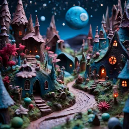 Detailed creepy landscape made of modeling clay, fairy tale, people, village, stars and planets, Roger Dean, naïve, Tim Burton, strong texture, Ernst Haekel, extreme detail, Max Ernst, decal, rich moody colors, sparkles, bokeh