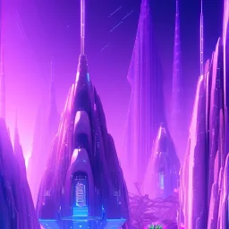 A very beautiful futuristic city, elegant, crystal edifices, atmospheric, realistic, cinematic lighting, pink blue light, 8k, galactic atmosphere, flowers