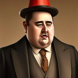 A shoulder to head portrait of a 1930s Italian-American businessman in his 20s with a tight fitting bowler hat and a tattered suit. He is obese and has a sad expression on his face. He is facing the screen.