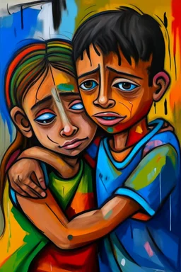 a girl hug her brother and both crying sadly, expressionism, Pixar style, in abstract art Basquiat, Picasso, Miro, Kandinsky, Klee, Birell, Fairey, Ardon, Buffet aand Picasso style, HD --s 750 --v 5.1 --style raw, water color