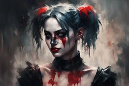 realistic portrait of harley quinn Digital Oil painting in the style of Jeremy Mann, bold loose brushwork, speedpainting, incoherence and chaos. Portrait of a black haired demoness stunning. Messy grunge gritty. Red eyes. wearing black leather corset. Dark colors subdued. Moody ambiance, impressionistic painterly ray tracing. Reminiscent of the surreal style of Miyo Murakami and Natalia Drepina