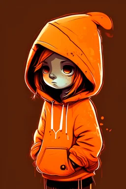 cute, high quality, doodle, a tiny girl with neon orange bif hoodie