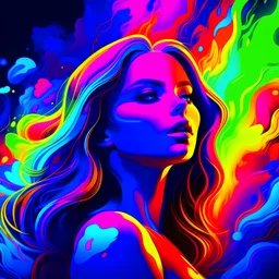 bold neon colors, cartoon style illustration of a woman as she sees the world while experiencing hallucinations, stoned, splash art, splashed neon colors, (iridiscent glowy smoke) ((motion effects)), best quality, wallpaper art, UHD, centered image, MSchiffer art, ((flat colors)), (cel-shading style) very bold neon colors, ((high saturation)) ink lines, psychedelic environment