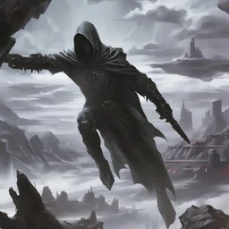 Dark Sinister alien landscape. A city in the distance. Dark mist. Dark hooded Man with The powers of a god holding a wand.