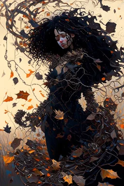 abstract creation of a beautiful girl with black curly hair, surrounded by black roses, thick metal chain broken, glass petals on the ground, autumn colours,dried out thorn bush, chaos,