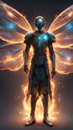 A man's entire body is shaped like a dragonfly, wearing armor made of fire and sparks flying around him, and he has luminous glass wings. Its luminous and sparkling body, lots of lights in all colors, with the idea of ​​Star Wars, high resolution, real drawings, a fictional idea.