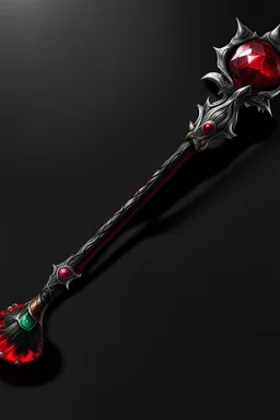 A sorceress evil staff that is a mix colors of red and black crystals and sharp