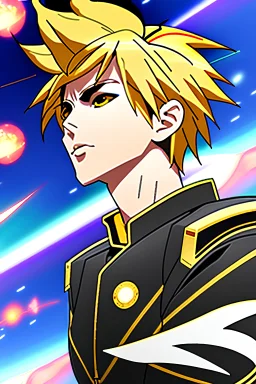 AN ANIME STYLE BOY WITH GOLD HAIR IN A FUTURISTIC SPACE FIGHTER JET