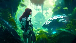 Wide-angle, woman with straight hair, dressed like a robot, with equipment in her hands, next to a crashed spaceship, in a clearing on an alien jungle world