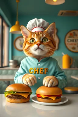 A restaurant interior shot run by anthropomorphic cute little cat wearing CHEF themed kitchen clothes, serving Cheeseburgers all in Wes Anderson cinematography, teal and yellow color scheme