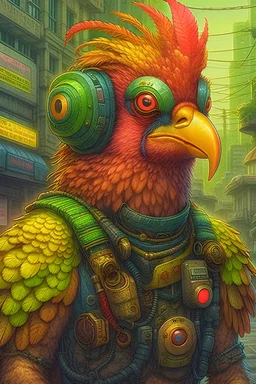 "Portrait of a steampunk chicken in a cyberpunk city, by Arai Yoshimune, Simon Stålenhag, and Dan Mumford Photorealism hyperdetailed trending on Artstation 8k resolution digital illustration cel-shaded Ukiyo-e romanticism expressionism impressionist"