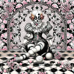 Storybook illustration of a Pierrot Clown, black and white with pink accents, Beardsely style, art nouveau elements, vintage drawing, pierrot vintage, black and white marble floor