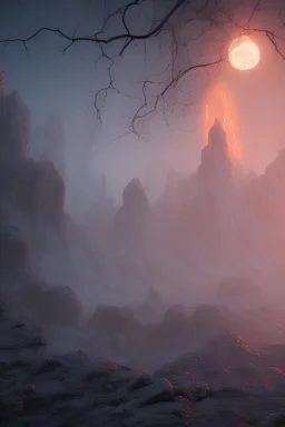 A spooky wasteland, 8k, bas-relief, extraterrestrial, eerie, jagged rocks, peaceful, cinematic 4d, volumetric light