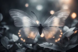 diaphanous transparent light butterfly with glowing center on dark grey leaves, ethereal, otherwordly, cinematic postprocessing, bokeh, dof