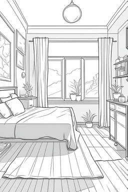 Outline art, house interior design, bedroom, no shading, no lines, cartoon style, --ar 9:11