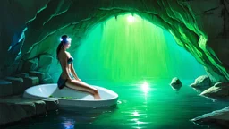 watercolor painting, A cave-inspired bathroom featuring smooth natural rock walls, a female Asian adventurer sitting on the edge of the bath, using a headlamp that casts a warm glow over the water, illuminating the space with a cozy ambiance., sophisticated muted-green color scheme, iridescent style, bright and reflective atmosphere light effects, holographic background, creative, detailed brush stroke, minimal spalsh