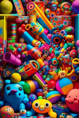 A (((vibrant showcase))) overflowing with an array of colorful ((toys)) that perfectly capture the exuberance of childhood fun