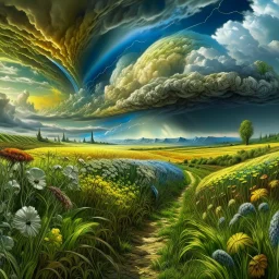 A collaboration between Salvador Dali, Vincent Van Gogh, and Jean Baptiste Monge. Swirling rainbow storm clouds over a vast field of long grass and plentiful flowers swaying in the winds. Modifiers: highly detailed elegant extremely detailed fantasy intricate high detail fantastic view close up ultra detailed