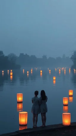 A few Water floating lanterns , on the water surface of a river , a couple lovers are watching from the river bank