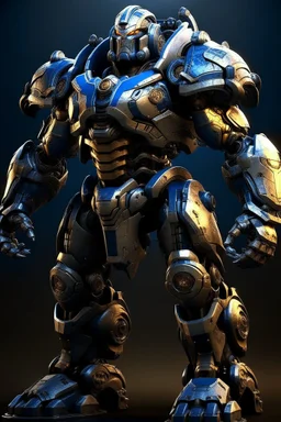 Ironclad stands at an imposing 8 feet tall and is heavily armored with a combination of sleek metallic plating and blue energy accents. His waist is snatched. His design is like Nullsector from Overwatch