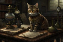 a learned cat reading a book in a steampunk laboratory