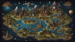A fantasy map of a world with creatures, darkness, color scheme made of black, rpg world map, game world, aerial vi w, high detail, split toning, naturalistic proportions, lot of objects, dark colors