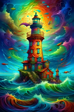 psychedelic lighthouse, consisting of many crooked houses, stacked higgledy-piggledy upon one another, high cyclone-stormy waves. intricate, high definition, colourful, Jacek_Yerka, Lisa_Frank, Andreas_Rocha, Gediminas-Pranckevicius, Alphonse_Mucha,swirling water, splashing water, painting.elegant intricate cinematic lighting very attractive beautiful dynamic lighting colourful shimmering Ultra realistic anatomically correct watery color palette Modifiers: elegant cinematic lighting very attract