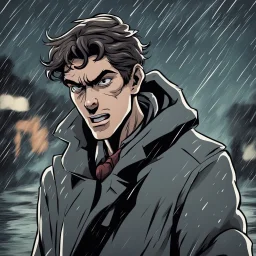 a closeup of a psychotic young man in a heavy coat during a rainstorm cartoon