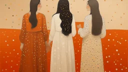 An indoor shot of a painting depicting three women standing side by side facing each other. The two women on the left are wearing white dresses, and the woman on the right is wearing orange dresses with beige polka dots. The woman in the middle is looking toward the woman on the right. She has long straight hair and is holding something in her right hand in her left hand which she is holding. Her head and shoulders are painted red with blue paint on their heads. The woman on the right is wearing