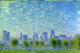 Sunny Day, futuristic buildings near the tree and lake zone, sci-fi, tendency to claude monet, realistic vision