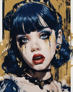 Poster in two gradually, a one side malevolent goth vampire girl face and other side the Singer Melanie Martinez face, painting by Yoji Shinkawa, darkblue and gold tones,