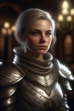 portrait of a beautiful female paladin, holy, short messy ashen hair, pale grey eyes, pale skin, goodness, confident, dressed in an ornameted revealing light plate armor, wearing a silver circlet, standing in a tavern, realistic, dim lighting, ocult, petite, cinematic lighting, highly detailed face, very high resolution, looking at the camera, centered