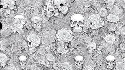 tracery of flowers and skulls, black and white, Maximum minimalism