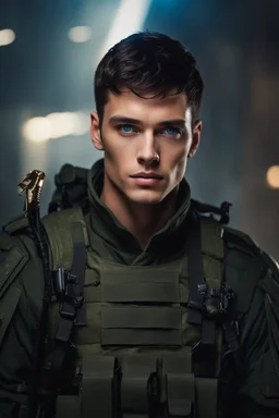 27 year old male with short dark hair and blue eyes, military captain, modern fantasy