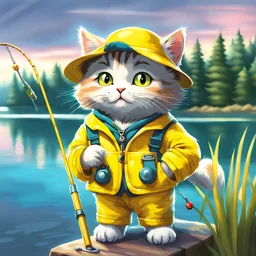 fantasy 90's tcg art of a cute cat wearing a fisherman's yellow outfit and holding fishing pole near lake