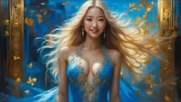 In Casey Baugh's evocative style, art of a gorgeous smiling asian goddess full body with long blonde hair, blue eyes , beautiful chest and long legs, futuristic, transparent blue lace, elegant, highly detailed, majestic, Baugh's brushwork infuses the painting with a unique combination of realism and abstraction, greg rutkowski, surreal gold filigree, broken glass, (masterpiece, sidelighting, finely detailed beautiful eyes: 1.2), hdr, realistic painting, natural skin, textured skin,