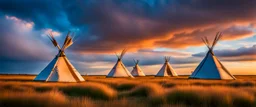 Prairie landscape, living skies, 3 teepees, historically authentic