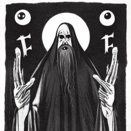 Russian Orthodox nosferatu with five eyes and tentacle beard and long arms and fingers