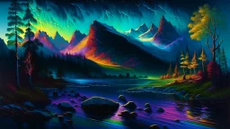 Serene landscape by night with northern Lights with river running trough mountains, a forest with a lot of vibrant colors, in the style of bob ross, thomas kadinskade and albert bierstadt. Peacefull and calming, intricate details, vibrant.