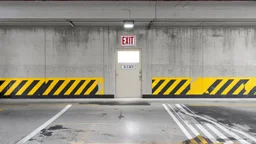 wall design for parking garage, concrete, yellow painted hazard lines, weathering and water stains, in middle is an exit doorway with small window, with a sign is above. rough painted hashmarks and parking lines, add signage found in a parking garage.