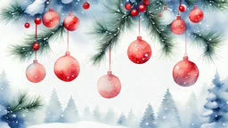 Create a winter-themed watercolor illustration featuring three red Christmas ornaments hanging from pine branches. The background should be soft and snowy, with a light blend of blues and whites to evoke a serene holiday atmosphere. Include delicate snowflakes falling gently and subtle hints of red berries amidst the greenery for added detail. The overall mood should be festive and tranquil, perfect for a holiday greeting card.