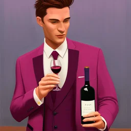 man in a pink suit and a glass of red wine in his hand